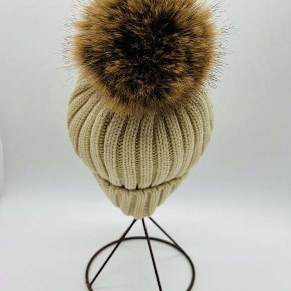 FURTALK WOMENS BEIGE ACRYLIC RIBBED KNIT BEANIE WITH FAUX FUR POM PON - Picture 9 of 10